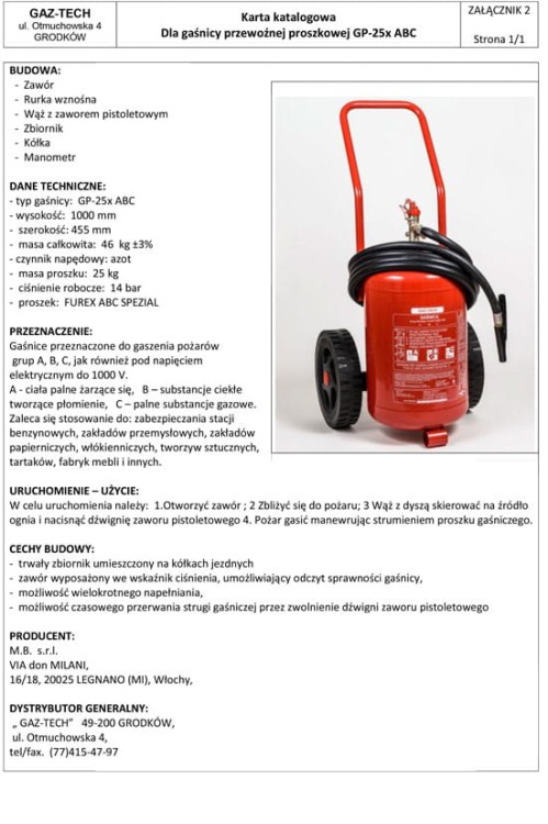 Gaśnica proszkowa 25 kg ABC/E przewoźna GAZ-TECH - zdjęcie 7